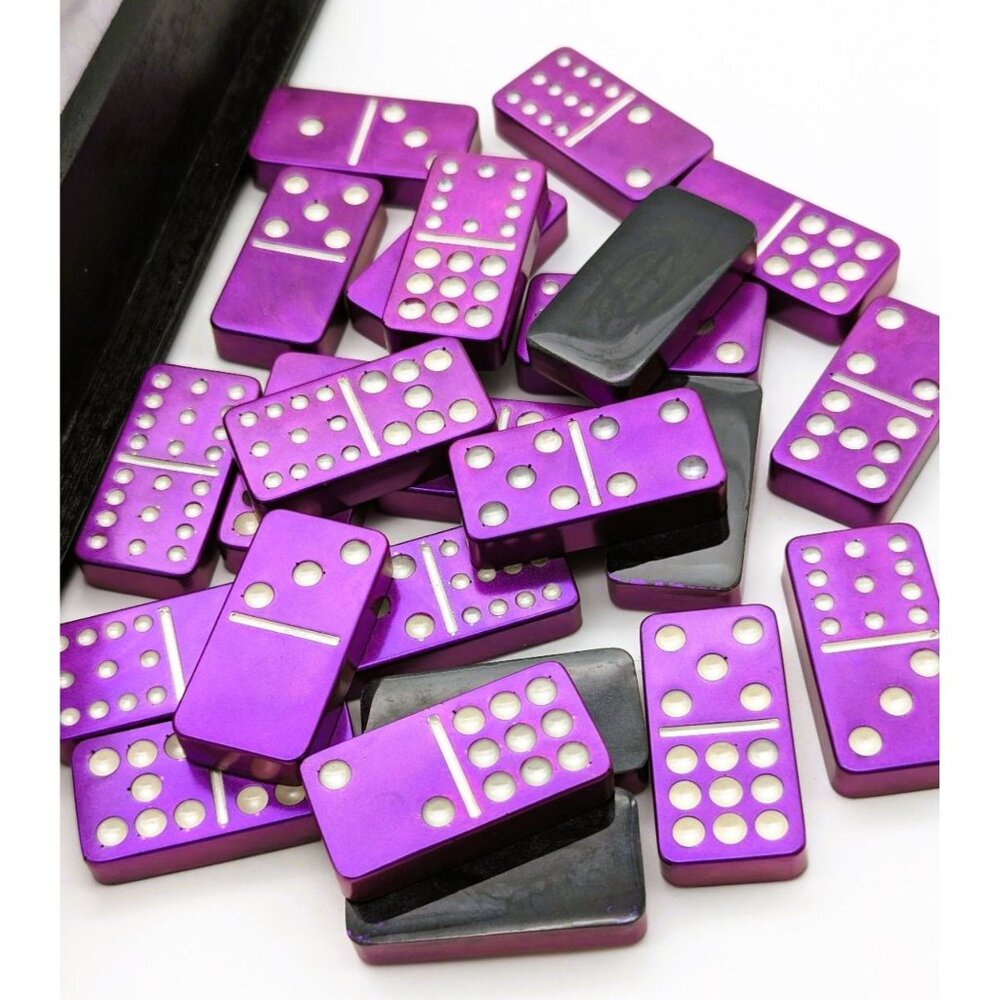 Double-Twelve Dominoes Magenta and Black Resin with Wooden Book-Shaped Box NEW